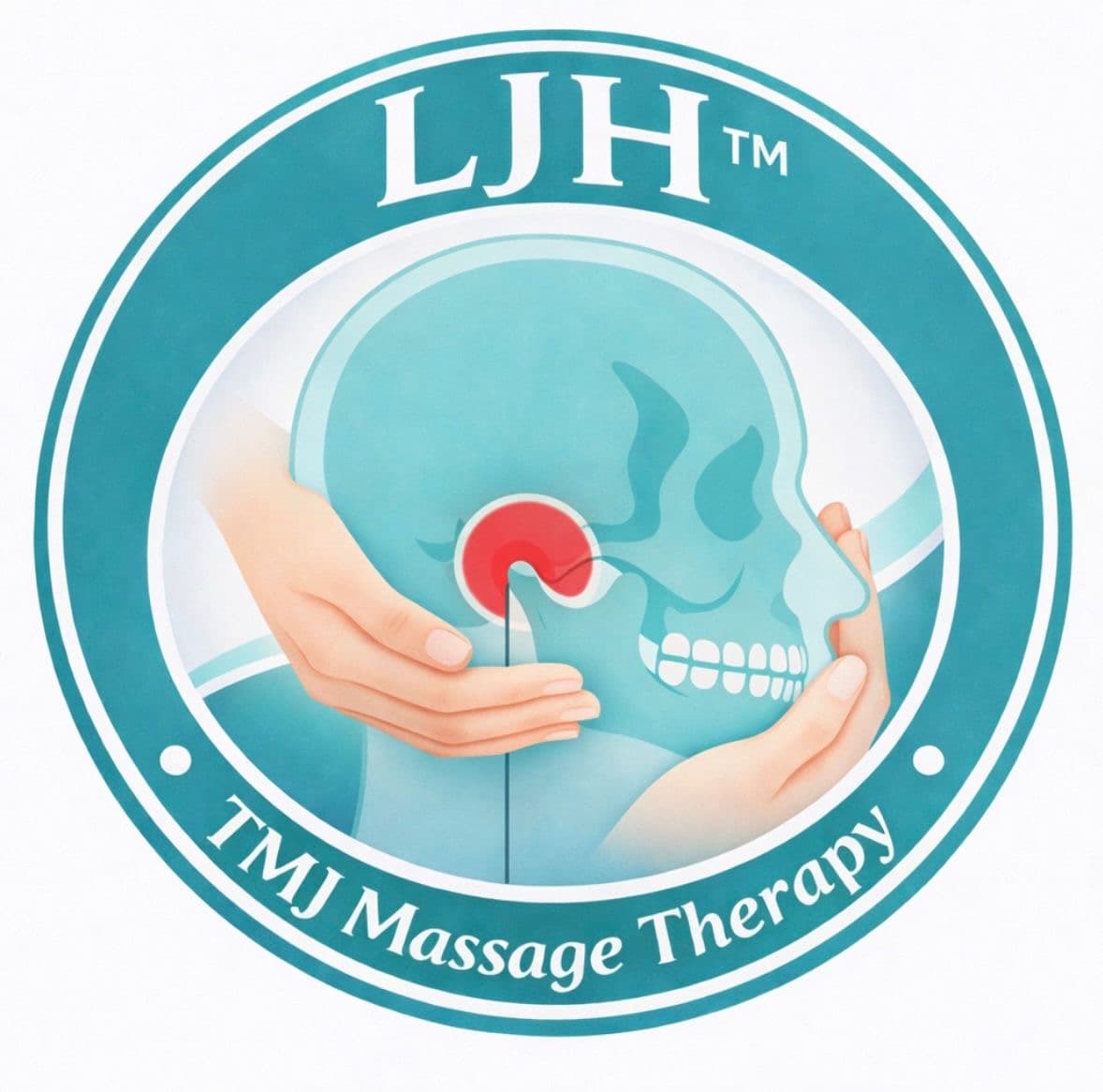 Teal circular logo for LJH TMJ Massage Therapy featuring hands cradling a skull's jaw joint.