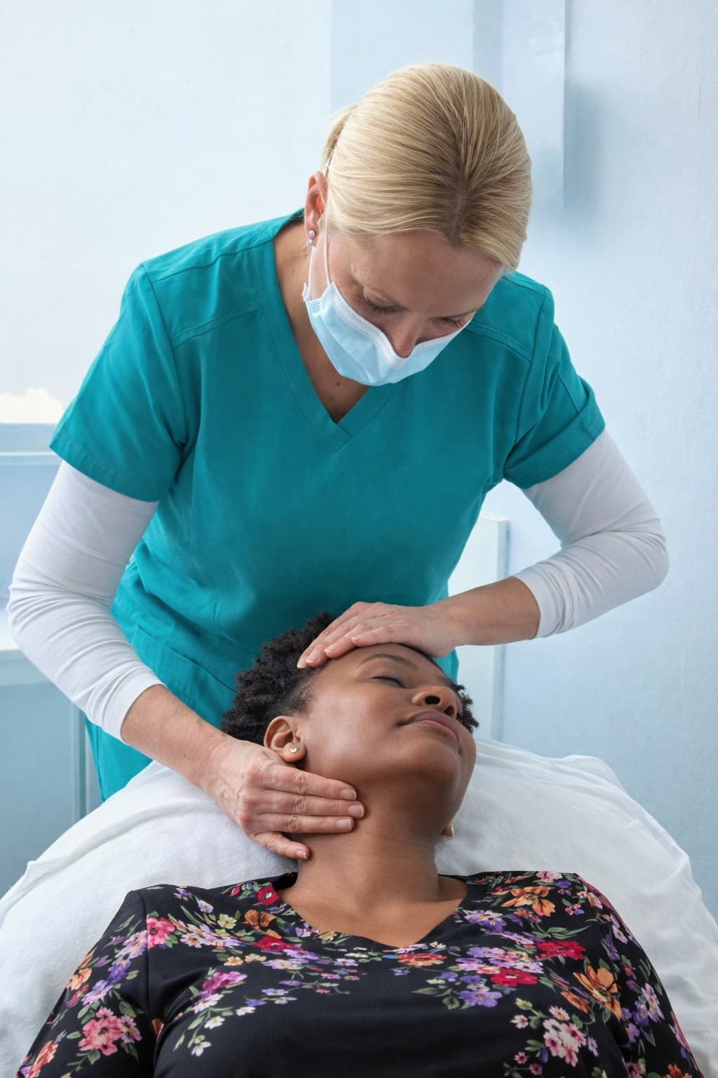 Masked professional in teal scrubs massages the neck and forehead of a reclining woman.