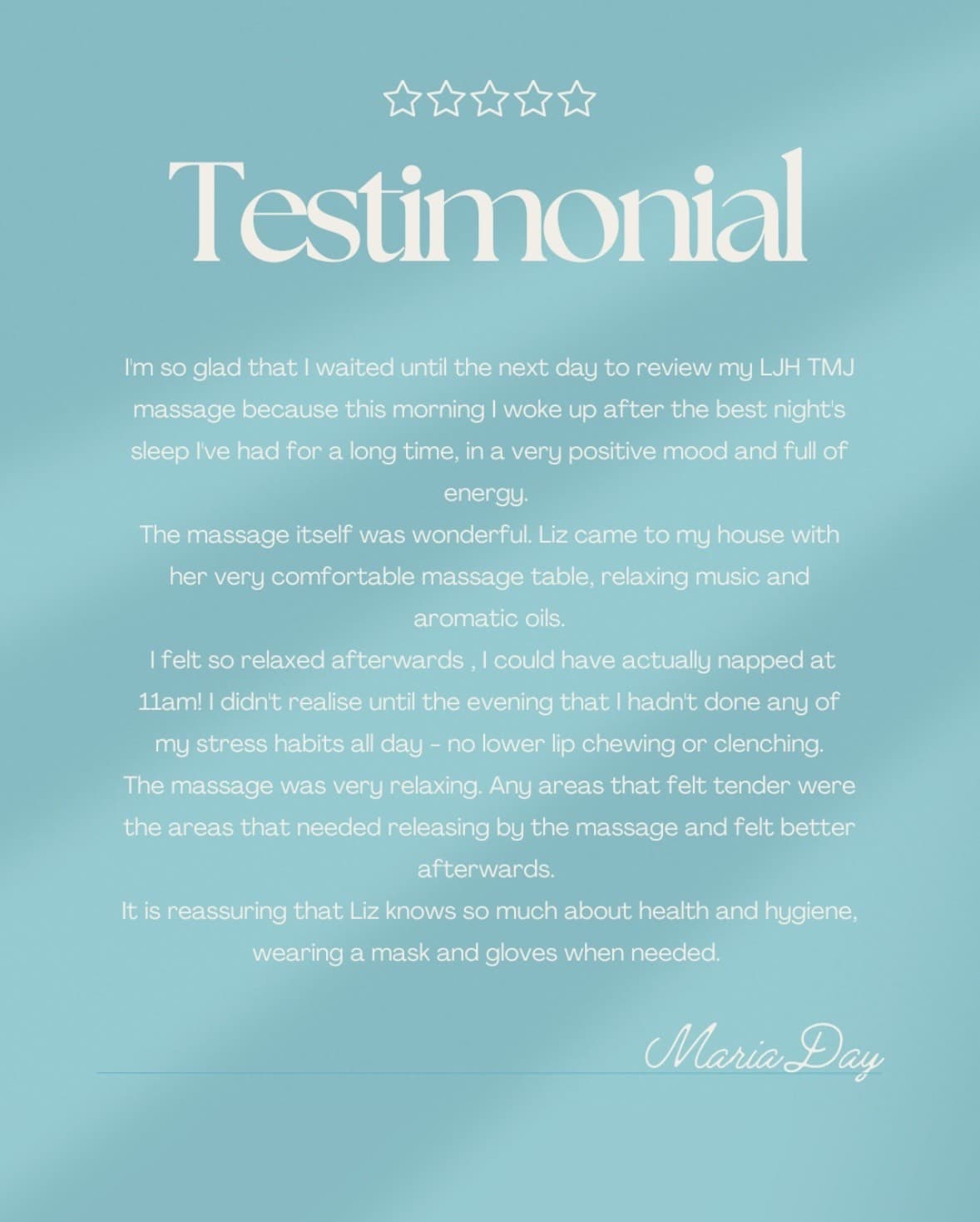 Five-star testimonial graphic from Maria Day describing her positive experience with a TMJ massage.